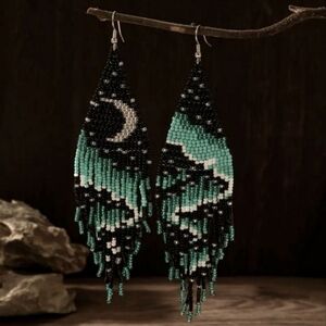 Handcrafted Beaded Earrings - Black, Green, and White